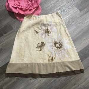 J. JILL Sz M Floral 100% Linen A-Line Elastic Waist Lace Trim Skirt Cottagecore